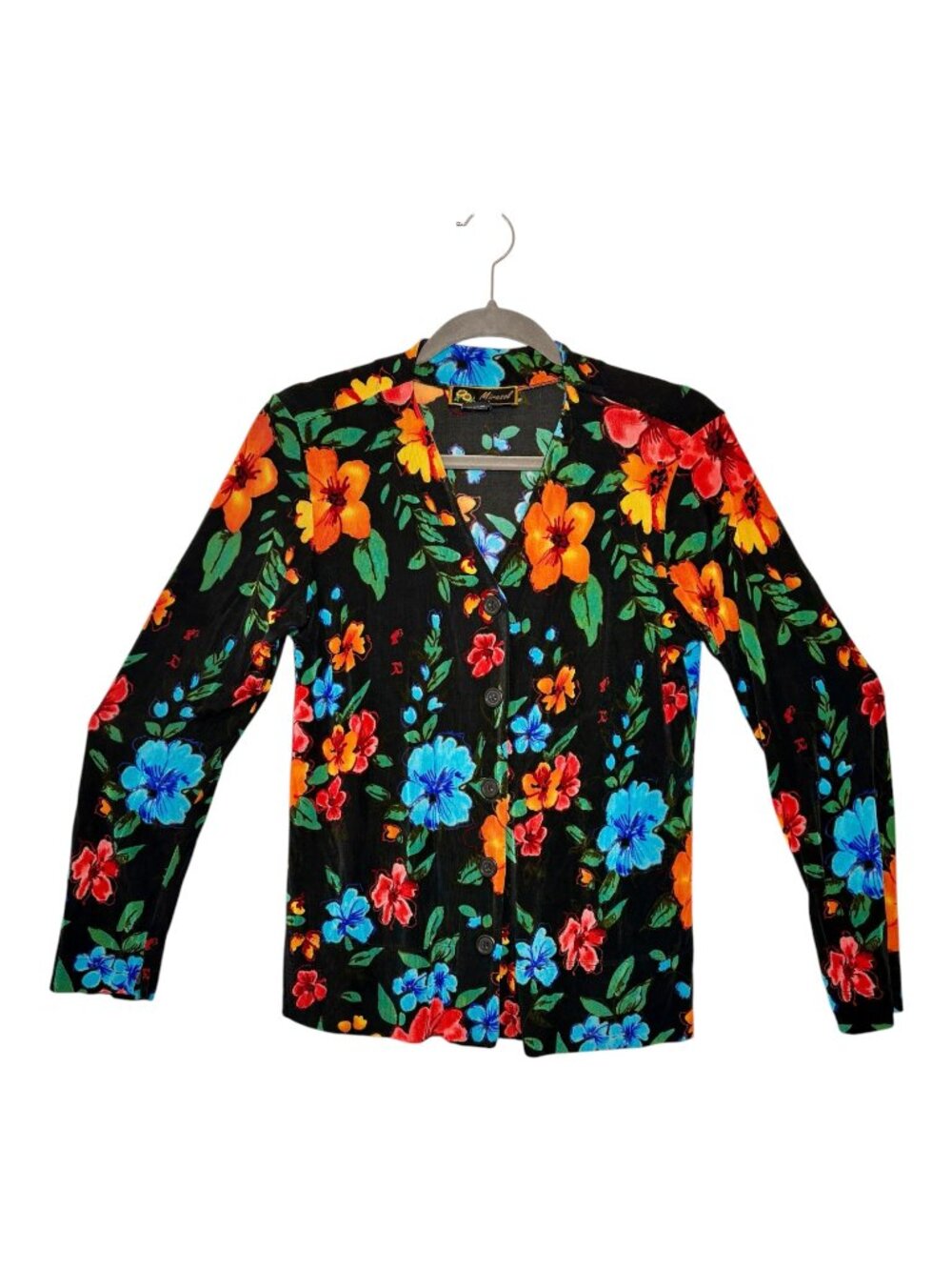 Mirasol Black Orange Blue Floral Button Front Blouse Retro Colorful Small
